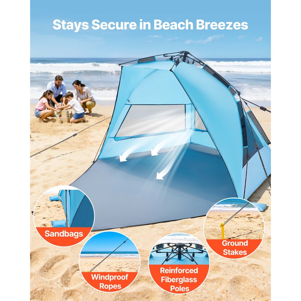 VEVOR Pop-Up Strandtent/Zonnescherm voor 4 personen, UPF 50+ bescherming, Draagbare strandtent met draagtas en grondankers, Lichtgewicht strandparasol voor kamperen, vissen, picknicken, zonnetent