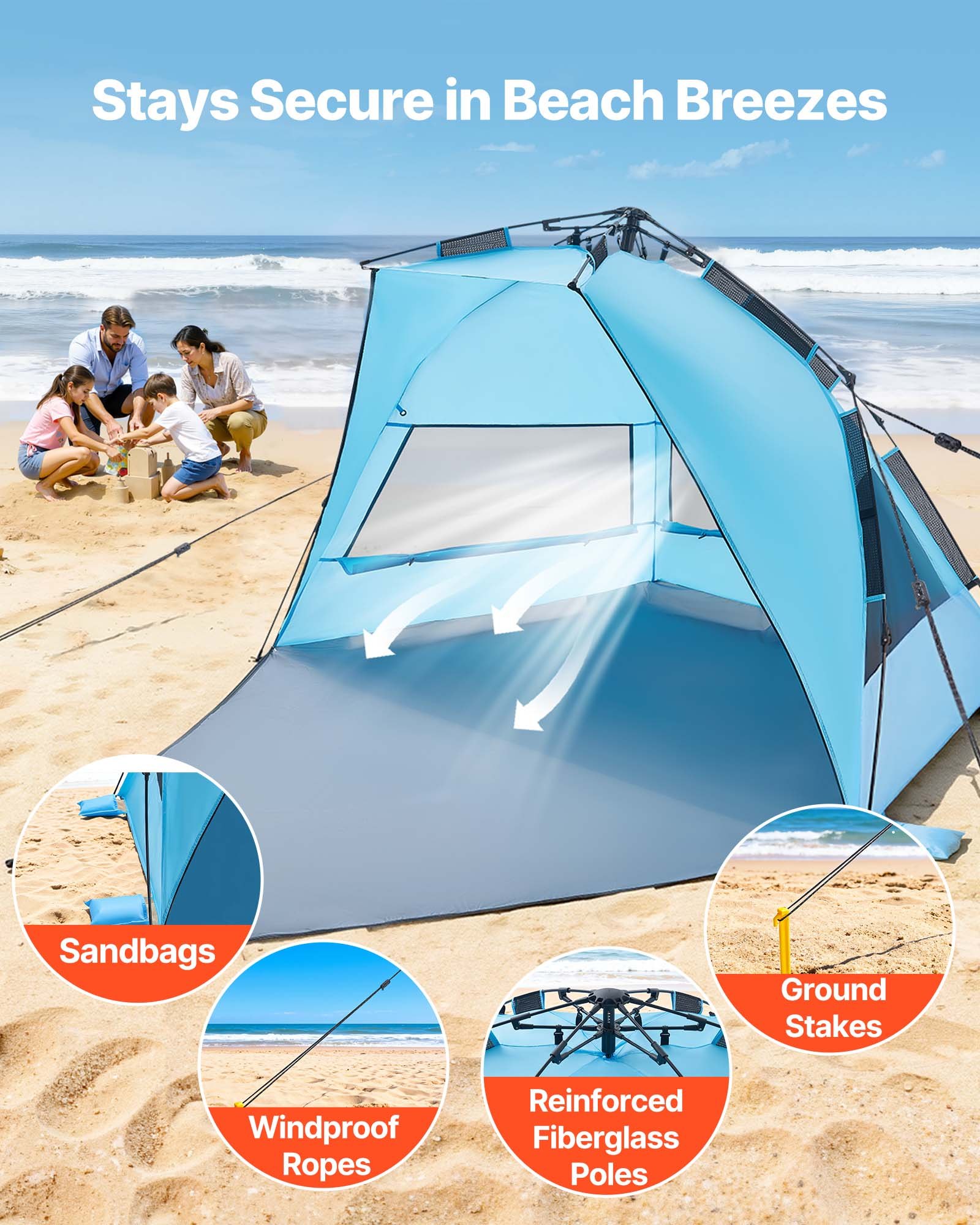 VEVOR Pop-Up Strandtent/Zonnescherm voor 4 personen, UPF 50+ bescherming, Draagbare strandtent met draagtas en grondankers, Lichtgewicht strandparasol voor kamperen, vissen, picknicken, zonnetent