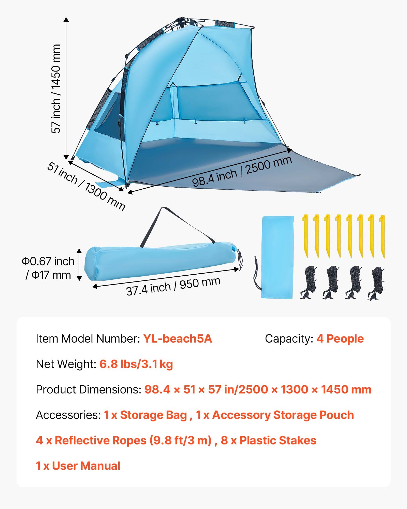 VEVOR Pop-Up Strandtent/Zonnescherm voor 4 personen, UPF 50+ bescherming, Draagbare strandtent met draagtas en grondankers, Lichtgewicht strandparasol voor kamperen, vissen, picknicken, zonnetent