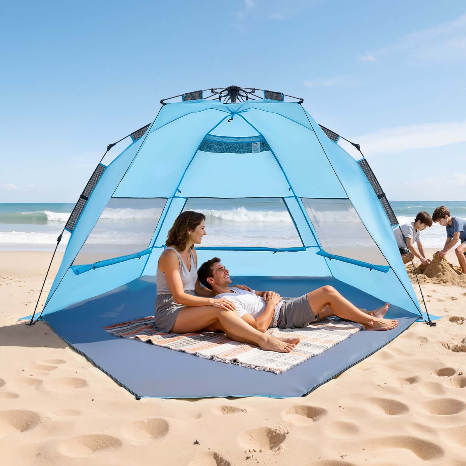 VEVOR Pop-Up Strandtent/Zonnescherm voor 4 personen, UPF 50+ bescherming, Draagbare strandtent met draagtas en grondankers, Lichtgewicht strandparasol voor kamperen, vissen, picknicken, zonnetent