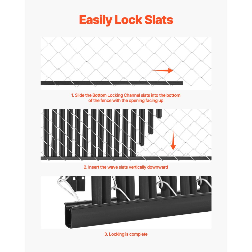 VEVOR Bottom Locking Privacy Slats, Single-Wall Vertical Bottom-Locking Slats for Chain-Link Fence, High-Density HDPE Chain Link Slats Ideally Fit 6' High Fence for Garden, Farm, Sports Field(Black)