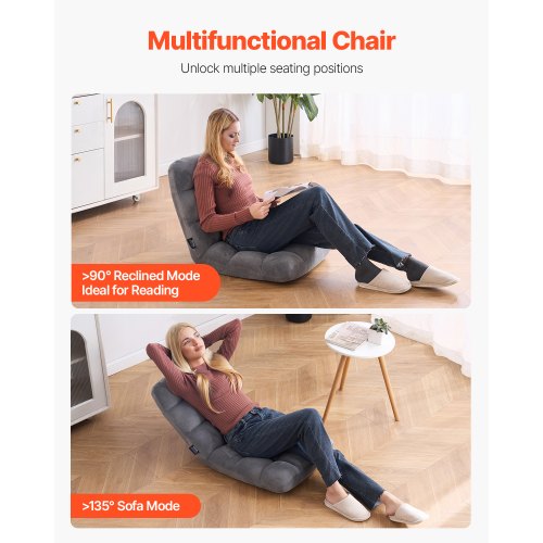 Gerecycled Schuim Vloerstoel met 14 Verstelbare Posities, Multifunctionele Vloerstoel met Rugleuning, Ideaal om te Slapen en te Lezen, Relaxfauteuil voor de Woonkamer, Grijs | NL