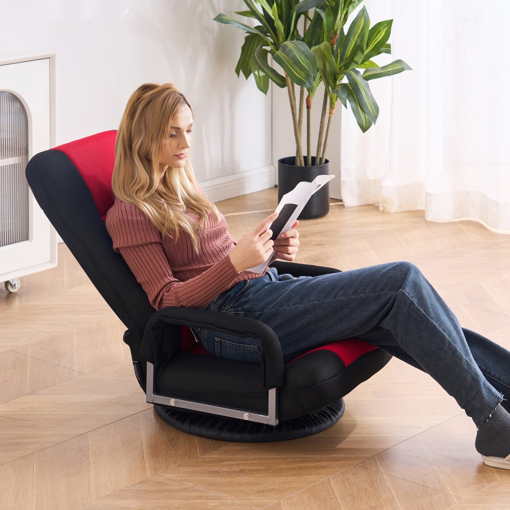 VEVOR Swivel Floor Gaming Chair with Armrests, 360-Degree Rotating Floor Chair with 6 Adjustable Position Folding Backrest and Lumbar Support, Folding Video Reclining Sofa for TV Reading, Red Black