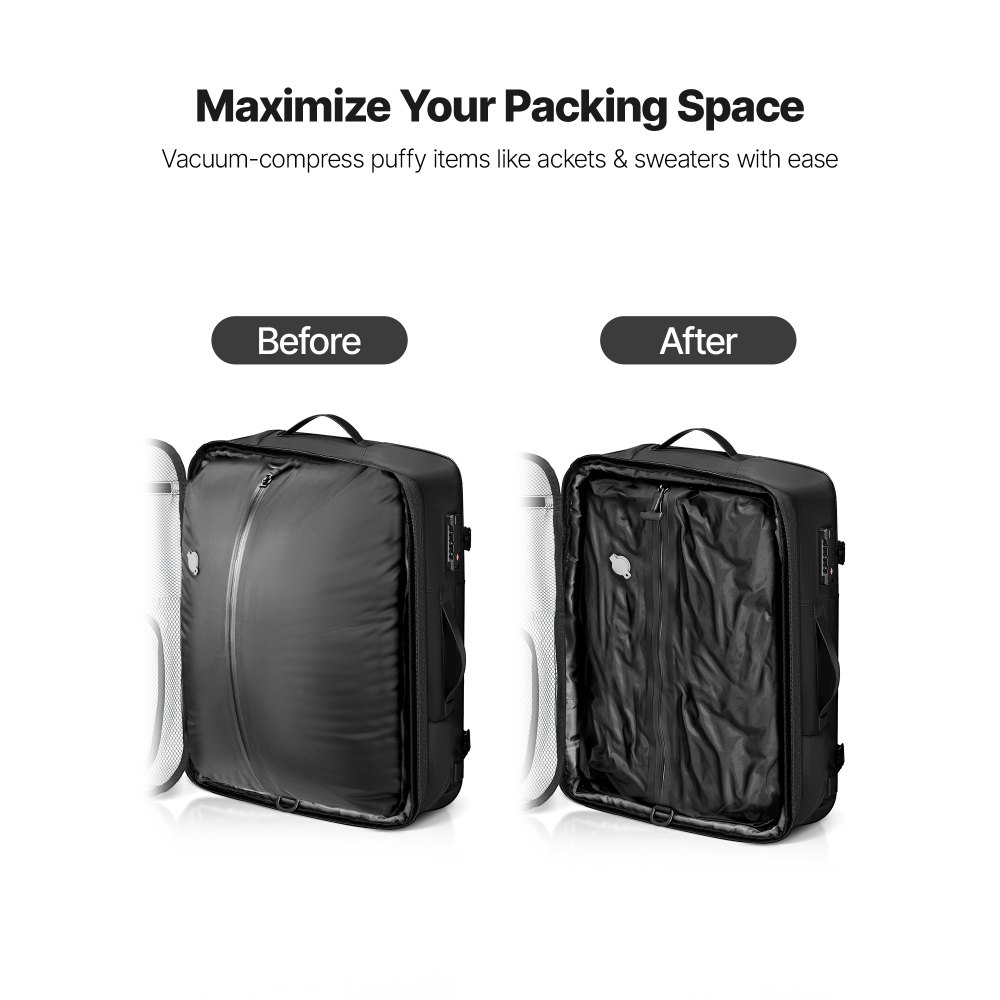 VEVOR vacuüm reisrugzak, 80 liter, uitbreidbare vacuüm compressie reisrugzak met pomp, TSA-goedgekeurd slot, USB-oplaadpoort, waterdichte handbagage, voor zakelijk gebruik, zwart