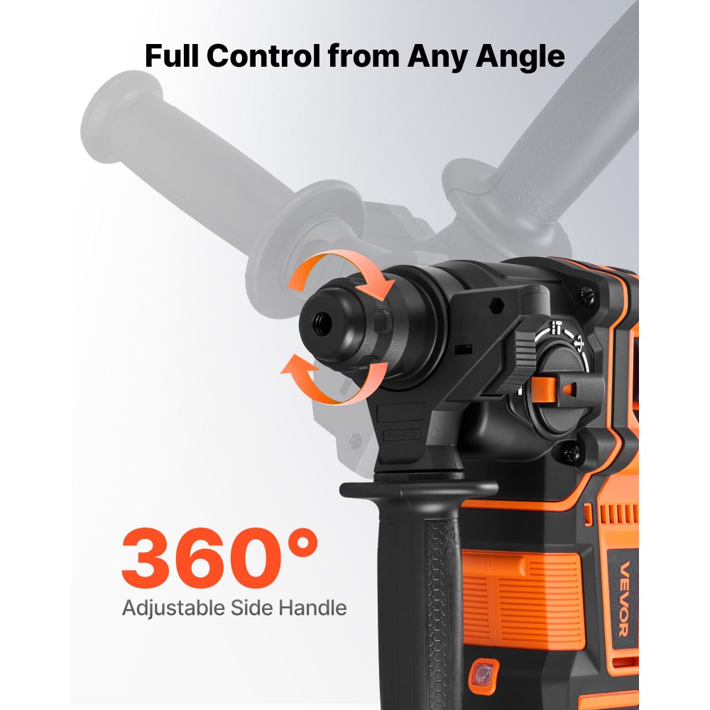 VEVOR Accu-rotatiehamer 13/16 inch SDS-Plus, 20 V borstelloze beitelhamer met oplader, 3 boorbits, platte beitel, puntbeitel en draagtas, voor beton en metselwerk, zwart/oranje