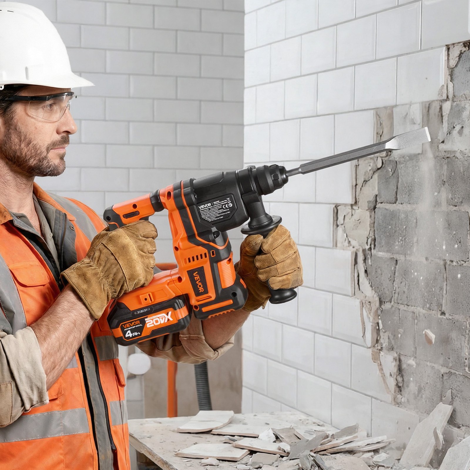 VEVOR Accu-rotatiehamer 13/16 inch SDS-Plus, 20 V borstelloze beitelhamer met oplader, 3 boorbits, platte beitel, puntbeitel en draagtas, voor beton en metselwerk, zwart/oranje