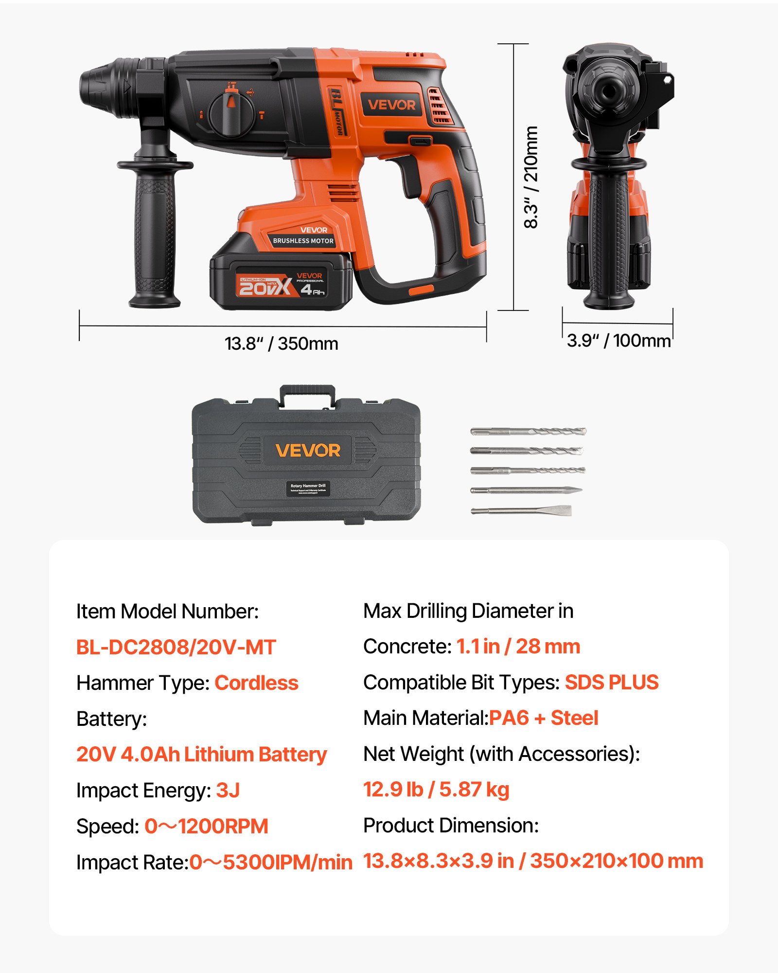 VEVOR 20V Brushless Cordless Hammer Drill, Lithium-Ion 1.1 Inch Rotary Hammer Driver, SDS-Plus Electric Lightweight Power Tool Kit with Battery and Charger, 4 Functions, 1200 RPM, 5300 BPM