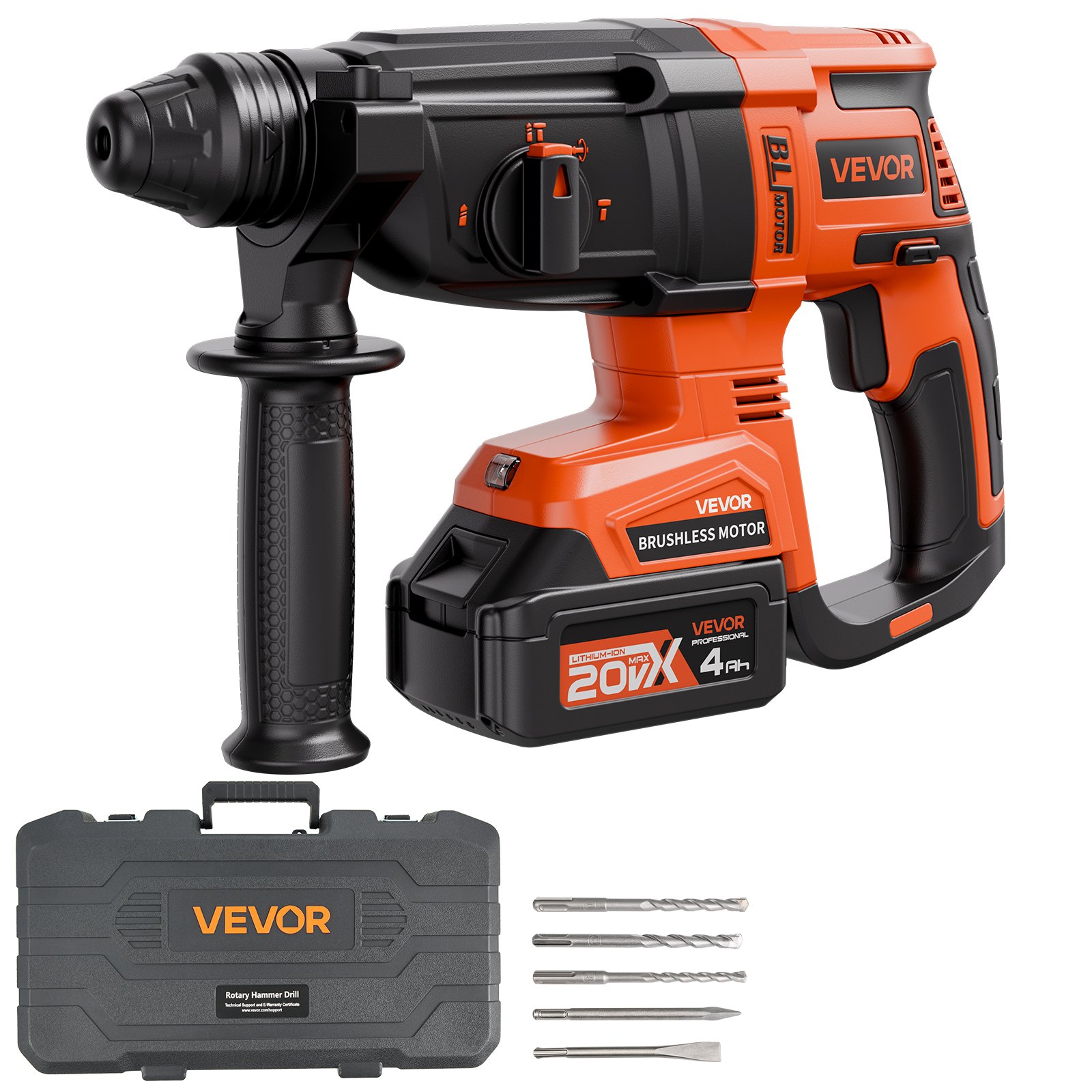 VEVOR 20V Brushless Cordless Hammer Drill, Lithium-Ion 1.1 Inch Rotary Hammer Driver, SDS-Plus Electric Lightweight Power Tool Kit with Battery and Charger, 4 Functions, 1200 RPM, 5300 BPM