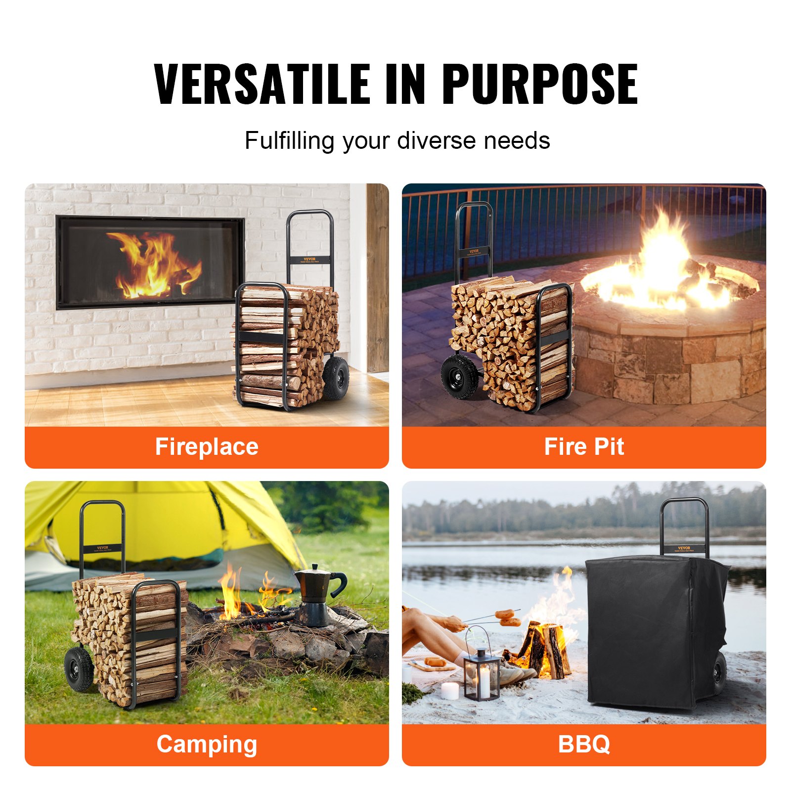 VEVOR Haardhoutkar 67x52x110cm Haardhoutkar Gepoedercoat stalen haardhoutkar met 266,7 mm rubberen wielen Houtkar Max. 113,4 kg Transportkar Inclusief bungee-koord Grondnet 600D Oxford-doek