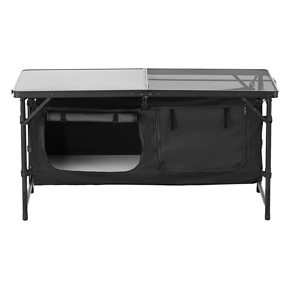 VEVOR Camping Kitchen Table, Folding Outdoor Cooking Table, 3 Adjustable Heights, Aluminum Lightweight Portable Cook Station with Storage Organizer, Carry Handle, for BBQ Party Picnic RV Travel, Black
