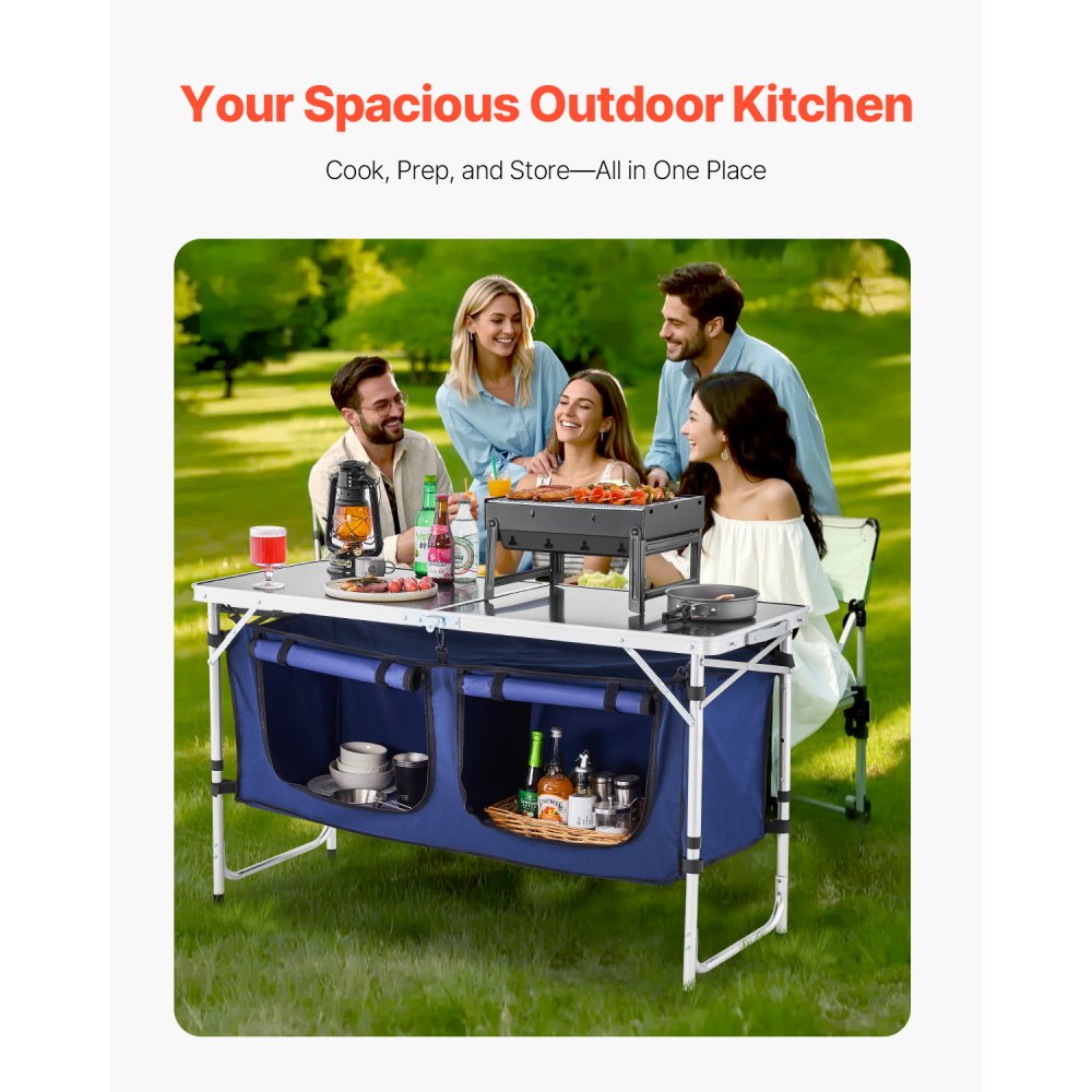 VEVOR Camping Kitchen Table, Folding Outdoor Cooking Table, 3 Adjustable Height, Aluminum Lightweight Portable Cook Station with Storage Organizer, Carry Handle, for BBQ Party Picnic RV Travel, Blue