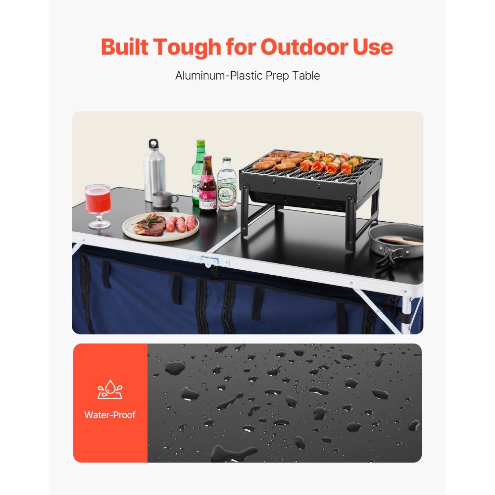 VEVOR Camping Kitchen Table, Folding Outdoor Cooking Table, 3 Adjustable Height, Aluminum Lightweight Portable Cook Station with Storage Organizer, Carry Handle, for BBQ Party Picnic RV Travel, Blue