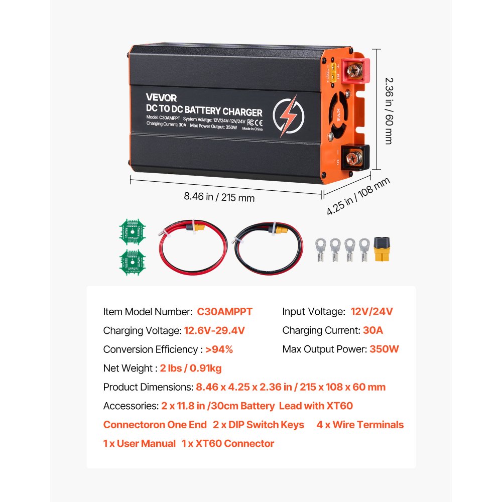 VEVOR DC-DC acculader met MPPT 350 W 30 A, laadbooster met dubbele ingang voor zonnepanelen/dynamo's, geschikt voor het opladen van LiFePO4 loodzuuraccu's, 12 V/24 V, voor noodstroomvoorziening in campers en thuis.