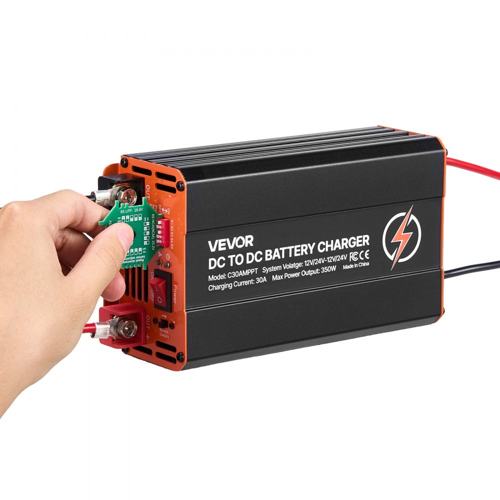VEVOR DC-DC acculader met MPPT 350 W 30 A, laadbooster met dubbele ingang voor zonnepanelen/dynamo's, geschikt voor het opladen van LiFePO4 loodzuuraccu's, 12 V/24 V, voor noodstroomvoorziening in campers en thuis.