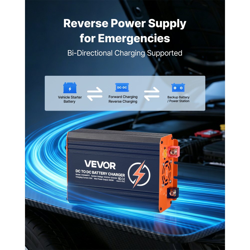 VEVOR DC-DC acculader met MPPT 650 W 50 A, laadbooster met dubbele ingang voor zonnepanelen/dynamo's, geschikt voor het opladen van LiFePO4 loodzuuraccu's, 12 V/24 V, voor noodstroomvoorziening in campers en thuis.