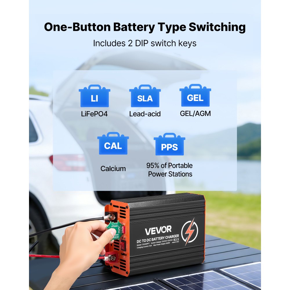 VEVOR DC-DC acculader met MPPT 650 W 50 A, laadbooster met dubbele ingang voor zonnepanelen/dynamo's, geschikt voor het opladen van LiFePO4 loodzuuraccu's, 12 V/24 V, voor noodstroomvoorziening in campers en thuis.