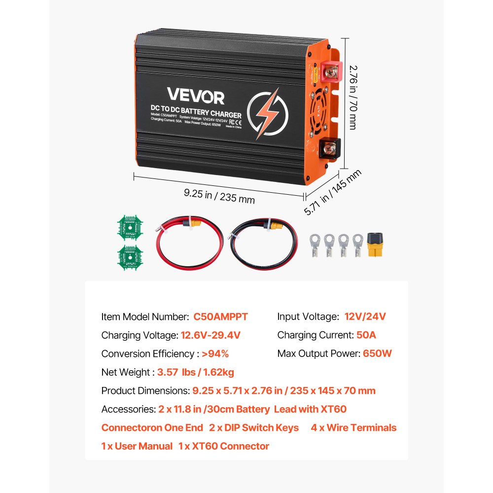 VEVOR DC-DC acculader met MPPT 650 W 50 A, laadbooster met dubbele ingang voor zonnepanelen/dynamo's, geschikt voor het opladen van LiFePO4 loodzuuraccu's, 12 V/24 V, voor noodstroomvoorziening in campers en thuis.