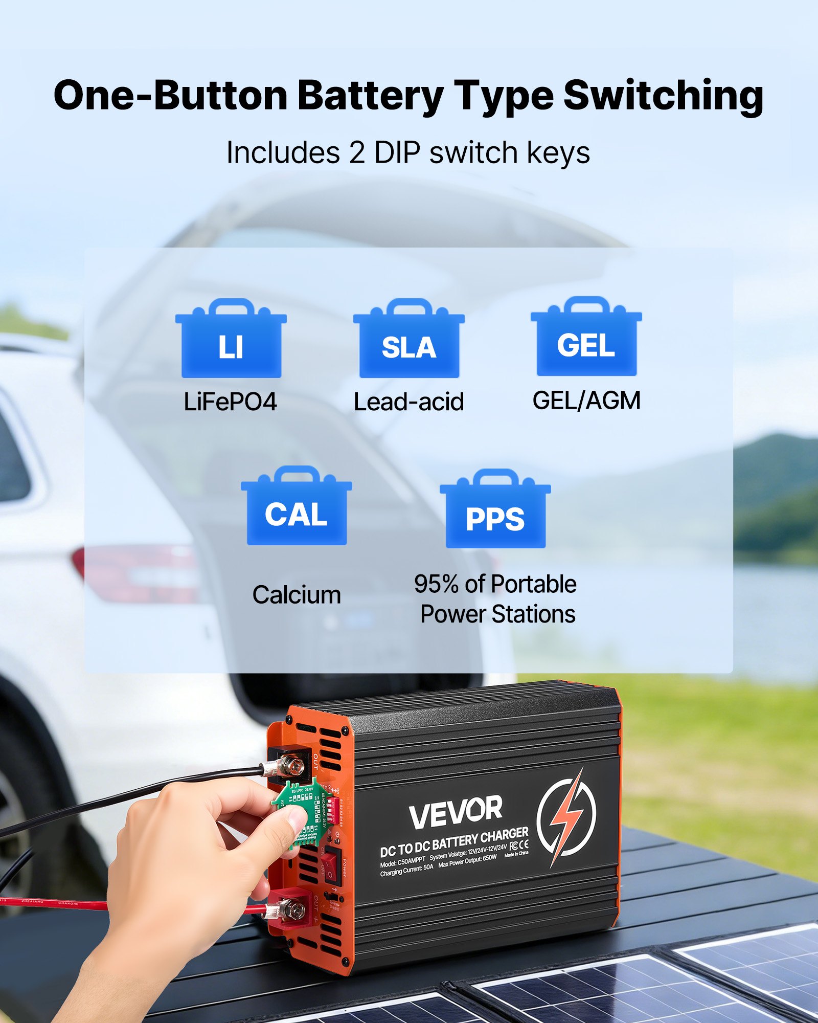 VEVOR DC-DC acculader met MPPT 650 W 50 A, laadbooster met dubbele ingang voor zonnepanelen/dynamo's, geschikt voor het opladen van LiFePO4 loodzuuraccu's, 12 V/24 V, voor noodstroomvoorziening in campers en thuis.