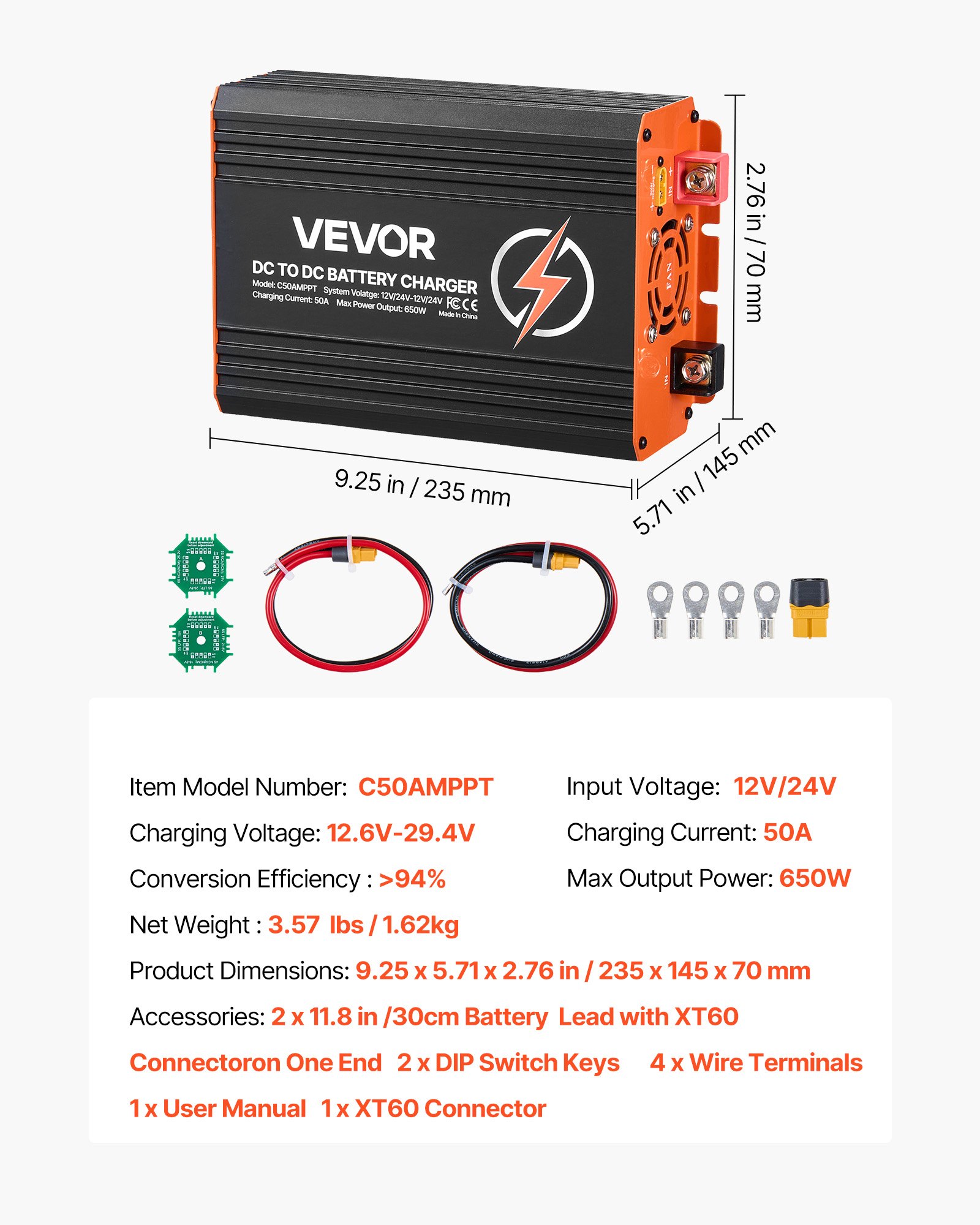 VEVOR DC-DC acculader met MPPT 650 W 50 A, laadbooster met dubbele ingang voor zonnepanelen/dynamo's, geschikt voor het opladen van LiFePO4 loodzuuraccu's, 12 V/24 V, voor noodstroomvoorziening in campers en thuis.