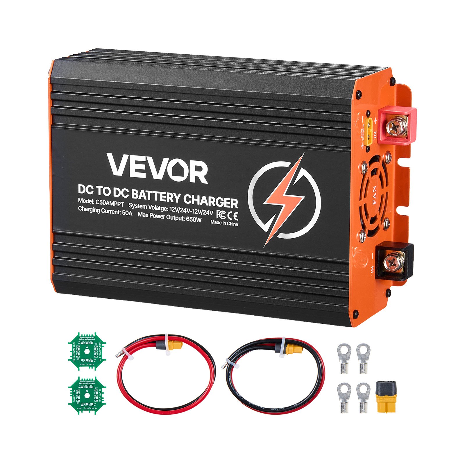 VEVOR DC-DC acculader met MPPT 650 W 50 A, laadbooster met dubbele ingang voor zonnepanelen/dynamo's, geschikt voor het opladen van LiFePO4 loodzuuraccu's, 12 V/24 V, voor noodstroomvoorziening in campers en thuis.