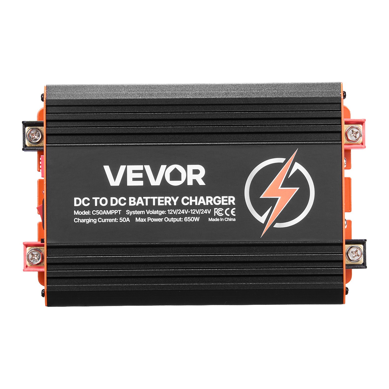 VEVOR DC-DC acculader met MPPT 650 W 50 A, laadbooster met dubbele ingang voor zonnepanelen/dynamo's, geschikt voor het opladen van LiFePO4 loodzuuraccu's, 12 V/24 V, voor noodstroomvoorziening in campers en thuis.