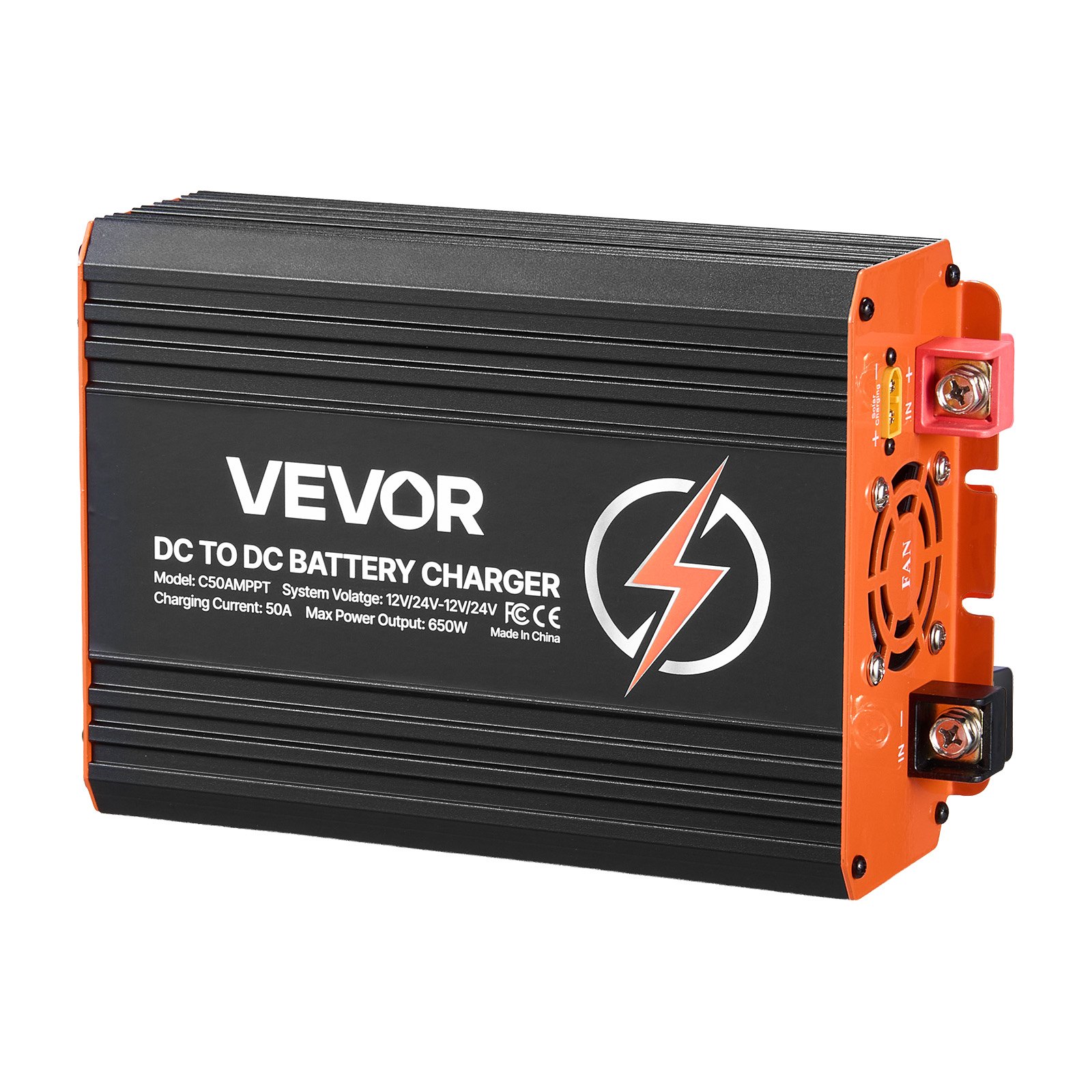VEVOR DC-DC acculader met MPPT 650 W 50 A, laadbooster met dubbele ingang voor zonnepanelen/dynamo's, geschikt voor het opladen van LiFePO4 loodzuuraccu's, 12 V/24 V, voor noodstroomvoorziening in campers en thuis.