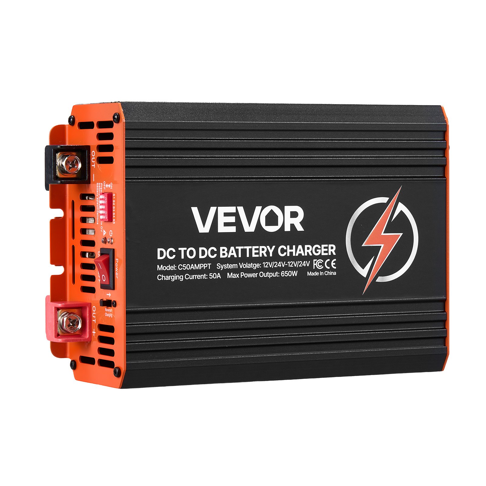 VEVOR DC-DC acculader met MPPT 650 W 50 A, laadbooster met dubbele ingang voor zonnepanelen/dynamo's, geschikt voor het opladen van LiFePO4 loodzuuraccu's, 12 V/24 V, voor noodstroomvoorziening in campers en thuis.