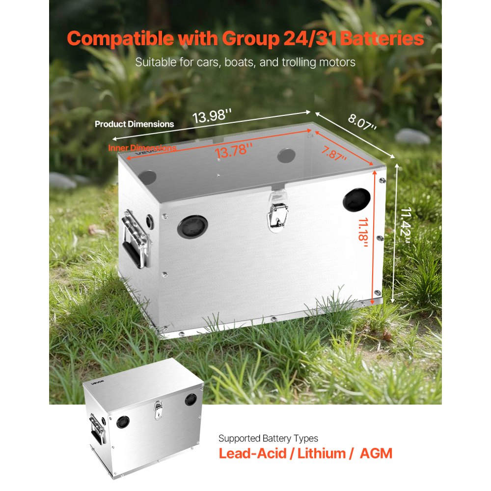 VEVOR Accubox, Groep 24/31 Accubox, Marine Accubox met Slot, Handgrepen en Rubberen Kabeldoorvoer, RVS Behuizing, Geschikt voor Auto's, Boten en Elektromotoren