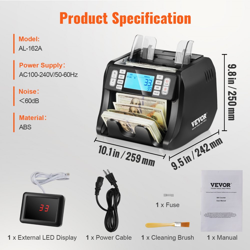 VEVOR geldtelmachine, bankbiljettenteller met UV-, MG-, IR- en DD-detectie van vals geld, geldtelmachine voor USD en EUR met optel- en batchmodus, groot LCD-scherm en extern display.