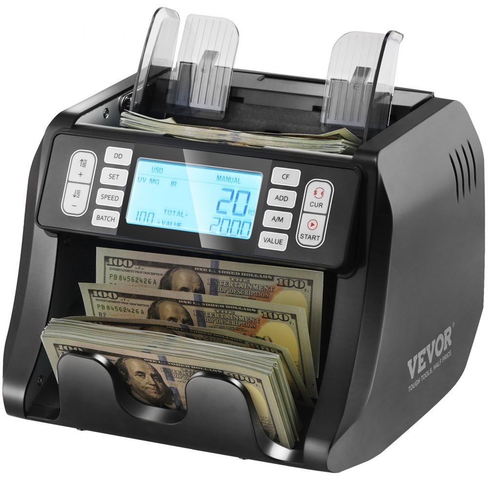 VEVOR geldtelmachine, bankbiljettenteller met UV-, MG-, IR- en DD-detectie van vals geld, geldtelmachine voor USD en EUR met optel- en batchmodus, groot LCD-scherm en extern display.