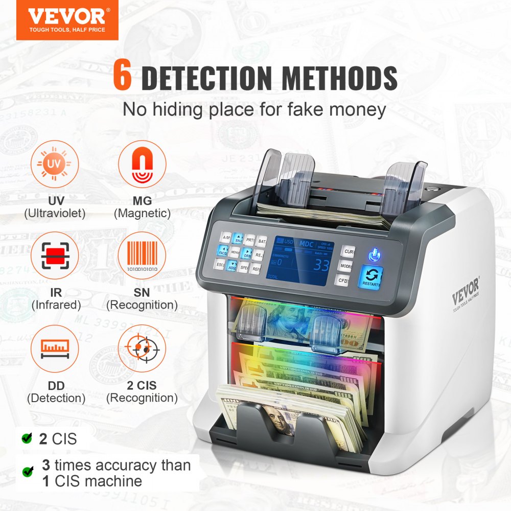 VEVOR Geldtelmachine, Bankbiljettenteller met Gemengde Denominaties, 2CIS, SN, UV, IR, MG, DD Valsgelddetectie, Meerdere Valuta's, Waardeteller en Sorteerapparaat, Printergeschikt
