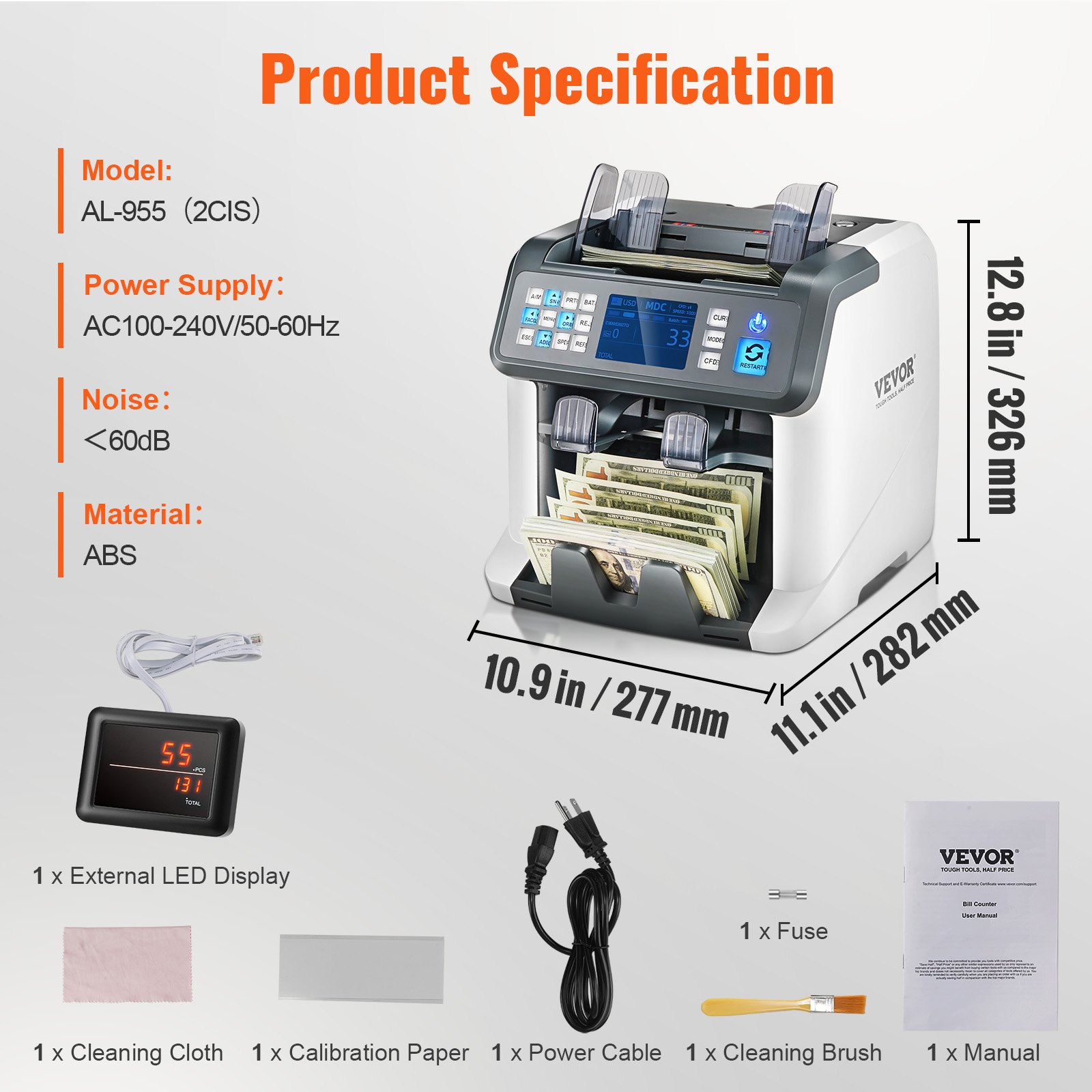 VEVOR Geldtelmachine, Bankbiljettenteller met Gemengde Denominaties, 2CIS, SN, UV, IR, MG, DD Valsgelddetectie, Meerdere Valuta's, Waardeteller en Sorteerapparaat, Printergeschikt