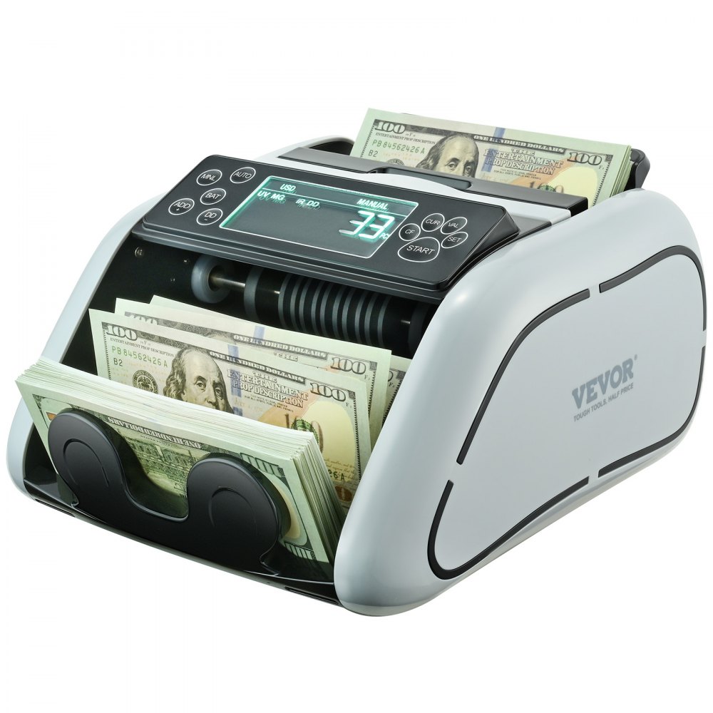 VEVOR geldtelmachine, bankbiljettenteller met UV-, MG-, IR- en DD-detectie van vals geld, geldtelmachine voor USD en EUR met groot LCD-scherm en extern display voor kleine bedrijven.