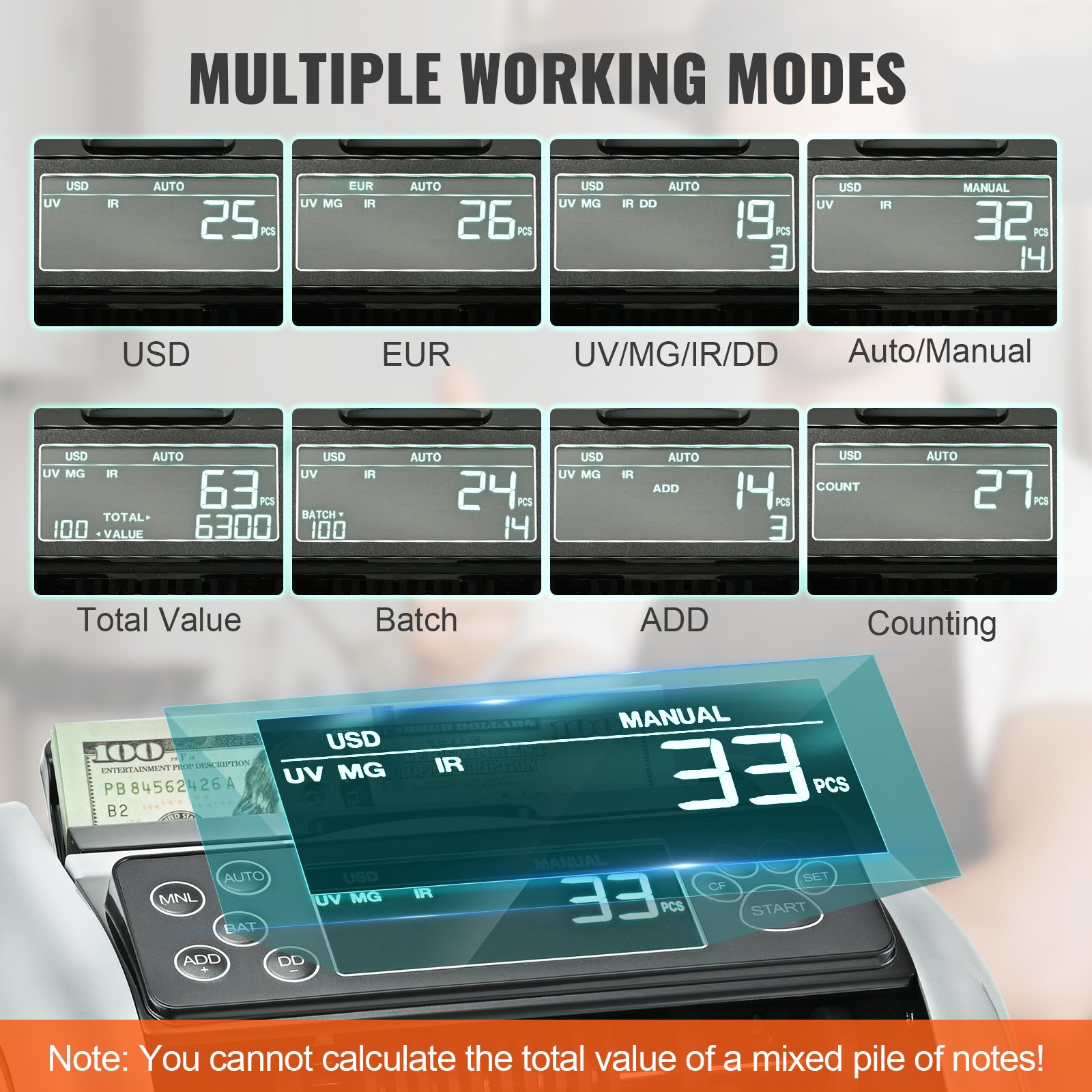 VEVOR geldtelmachine, bankbiljettenteller met UV-, MG-, IR- en DD-detectie van vals geld, geldtelmachine voor USD en EUR met groot LCD-scherm en extern display voor kleine bedrijven.