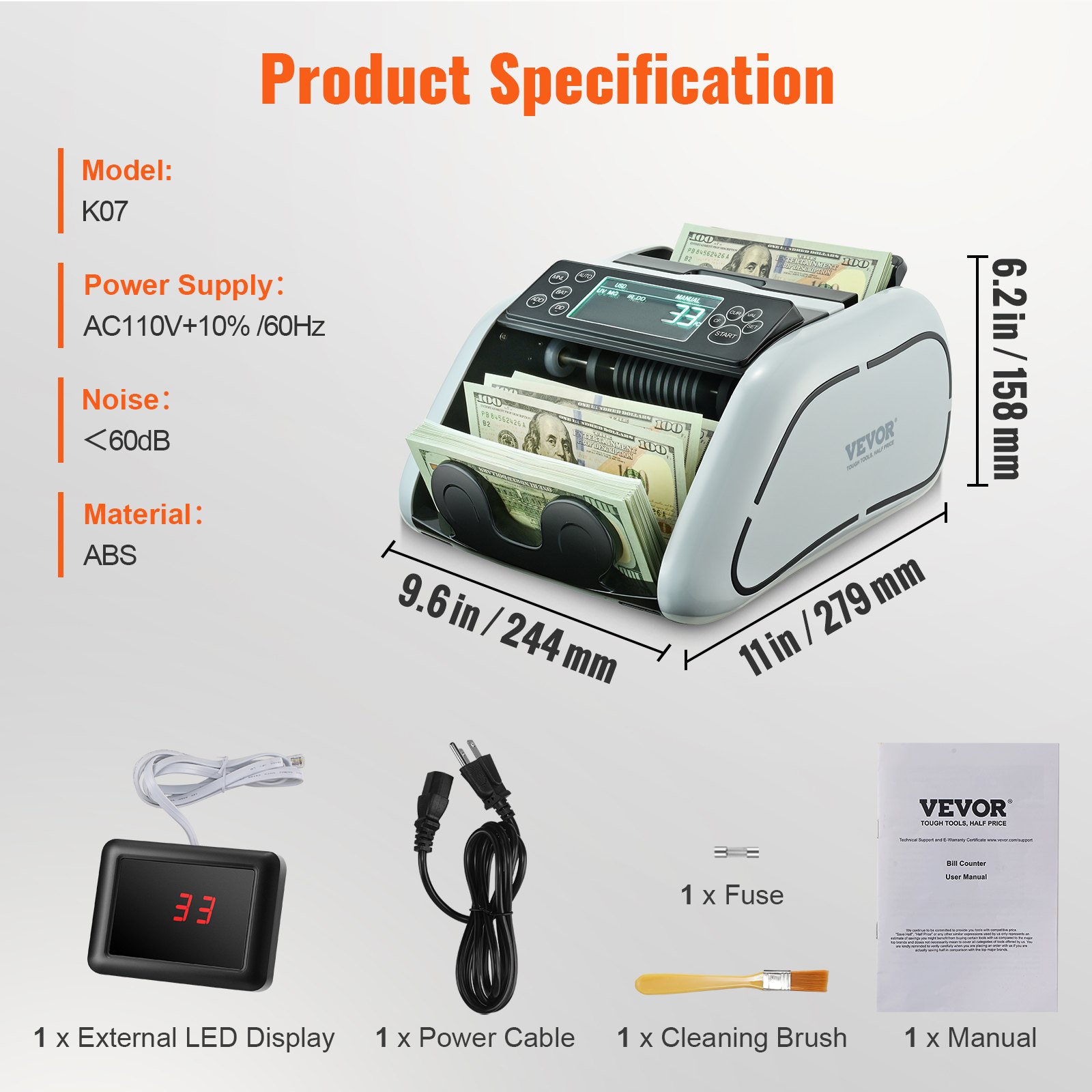 VEVOR geldtelmachine, bankbiljettenteller met UV-, MG-, IR- en DD-detectie van vals geld, geldtelmachine voor USD en EUR met groot LCD-scherm en extern display voor kleine bedrijven.
