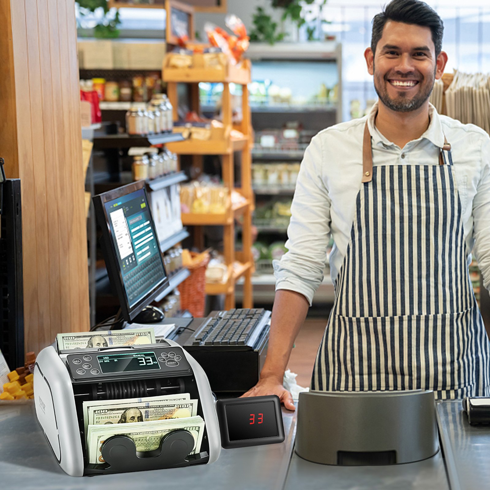 VEVOR geldtelmachine, bankbiljettenteller met UV-, MG-, IR- en DD-detectie van vals geld, geldtelmachine voor USD en EUR met groot LCD-scherm en extern display voor kleine bedrijven.