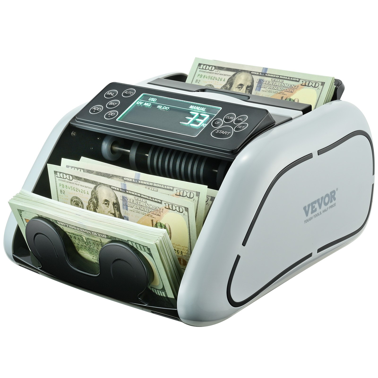 VEVOR geldtelmachine, bankbiljettenteller met UV-, MG-, IR- en DD-detectie van vals geld, geldtelmachine voor USD en EUR met groot LCD-scherm en extern display voor kleine bedrijven.