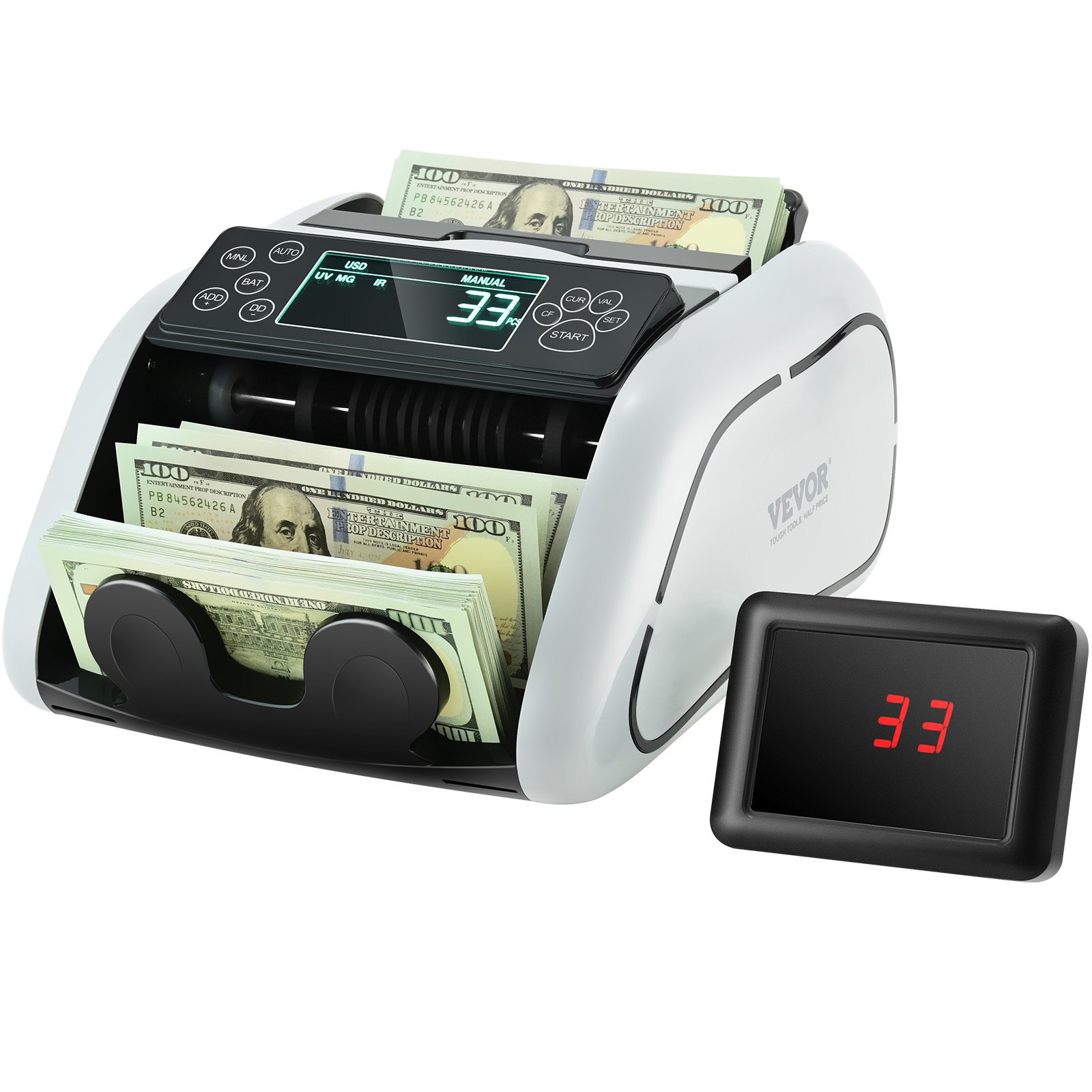 VEVOR geldtelmachine, bankbiljettenteller met UV-, MG-, IR- en DD-detectie van vals geld, geldtelmachine voor USD en EUR met groot LCD-scherm en extern display voor kleine bedrijven.