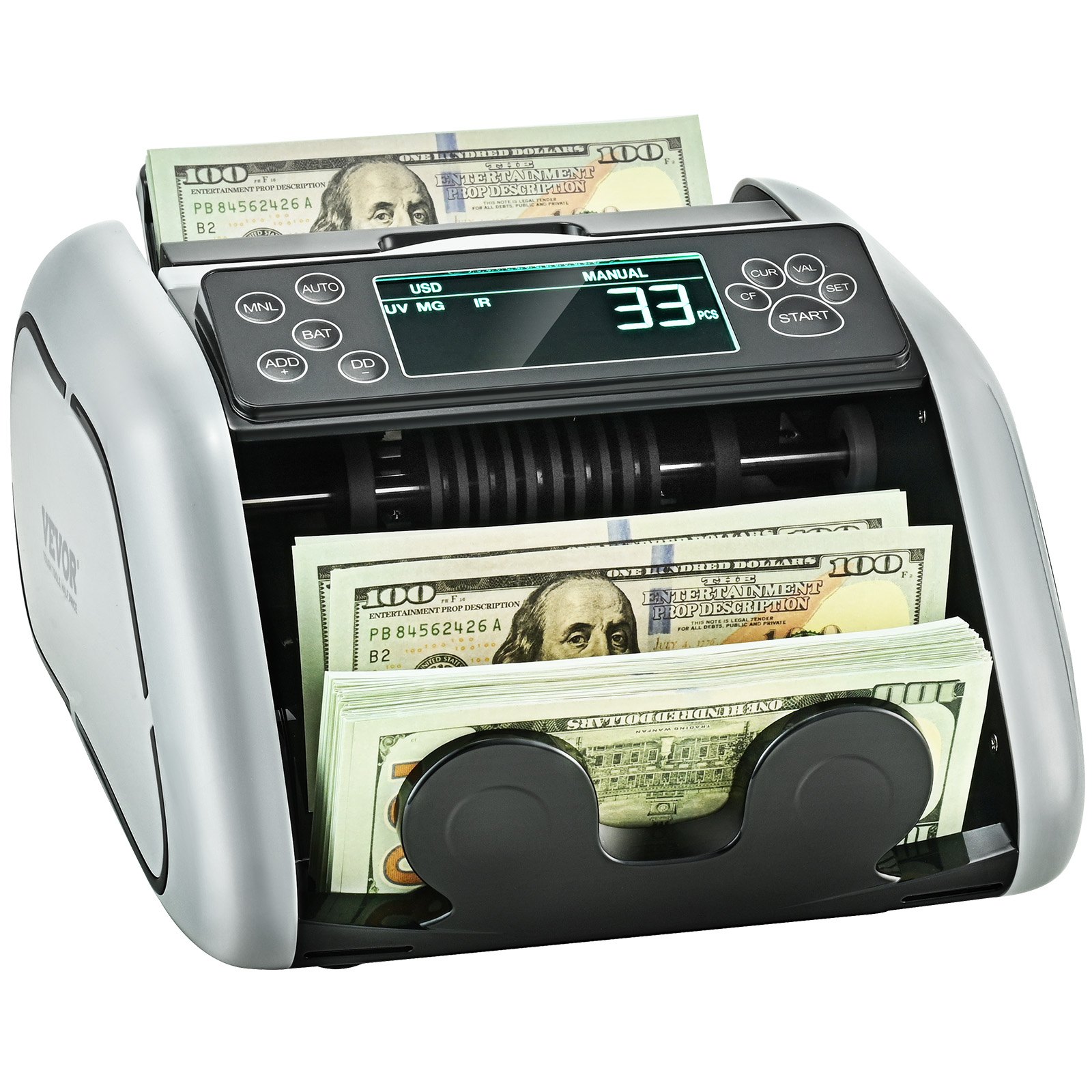 VEVOR geldtelmachine, bankbiljettenteller met UV-, MG-, IR- en DD-detectie van vals geld, geldtelmachine voor USD en EUR met groot LCD-scherm en extern display voor kleine bedrijven.