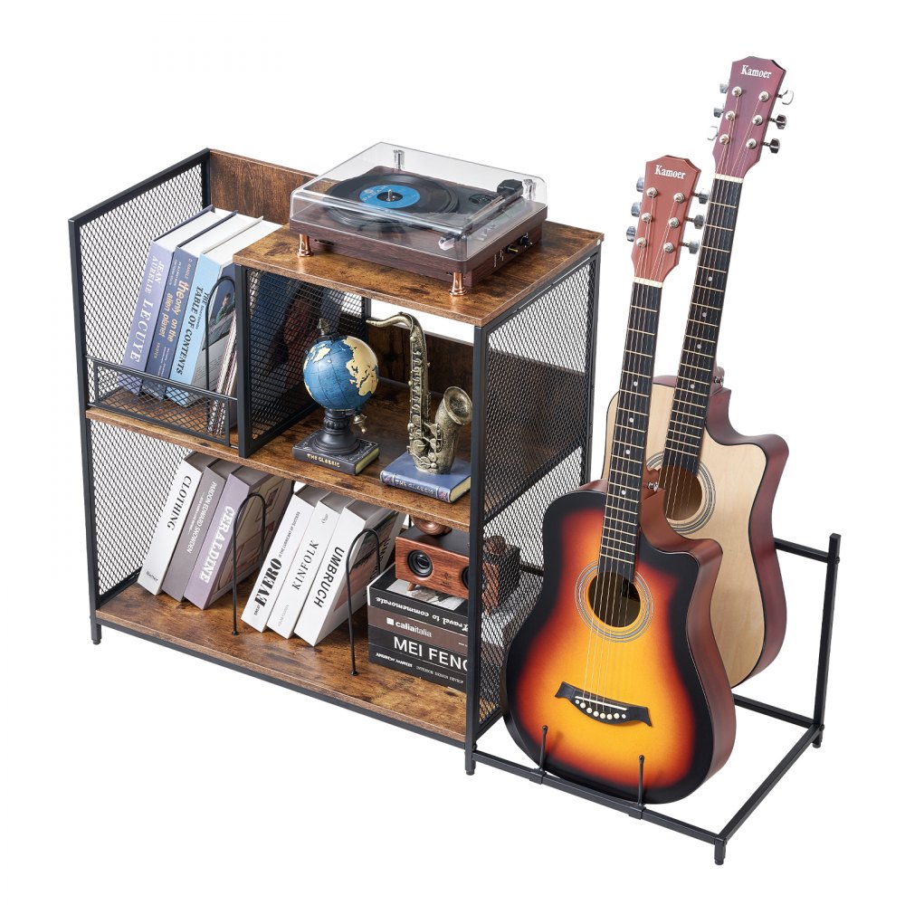 VEVOR 3-Tier Record Player Stand with Guitar Holder, Turntable Stand with Storage Holds Up to 300 Albums, Vinyl Record Cabinet with Metal Mesh Frame for Living Room, Bedroom, Black