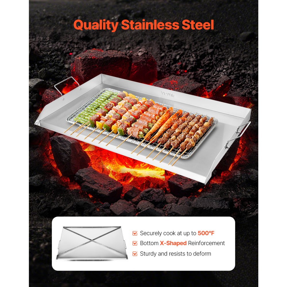 VEVOR Grillplaat Grillpan RVS Universele Rechthoekige Plaat (910 x 525 mm) met Platte Bovenkant, Gasgrillplaat voor BBQ Grill Teppanyaki, Draagbare Familie Kookgerei met Handvat