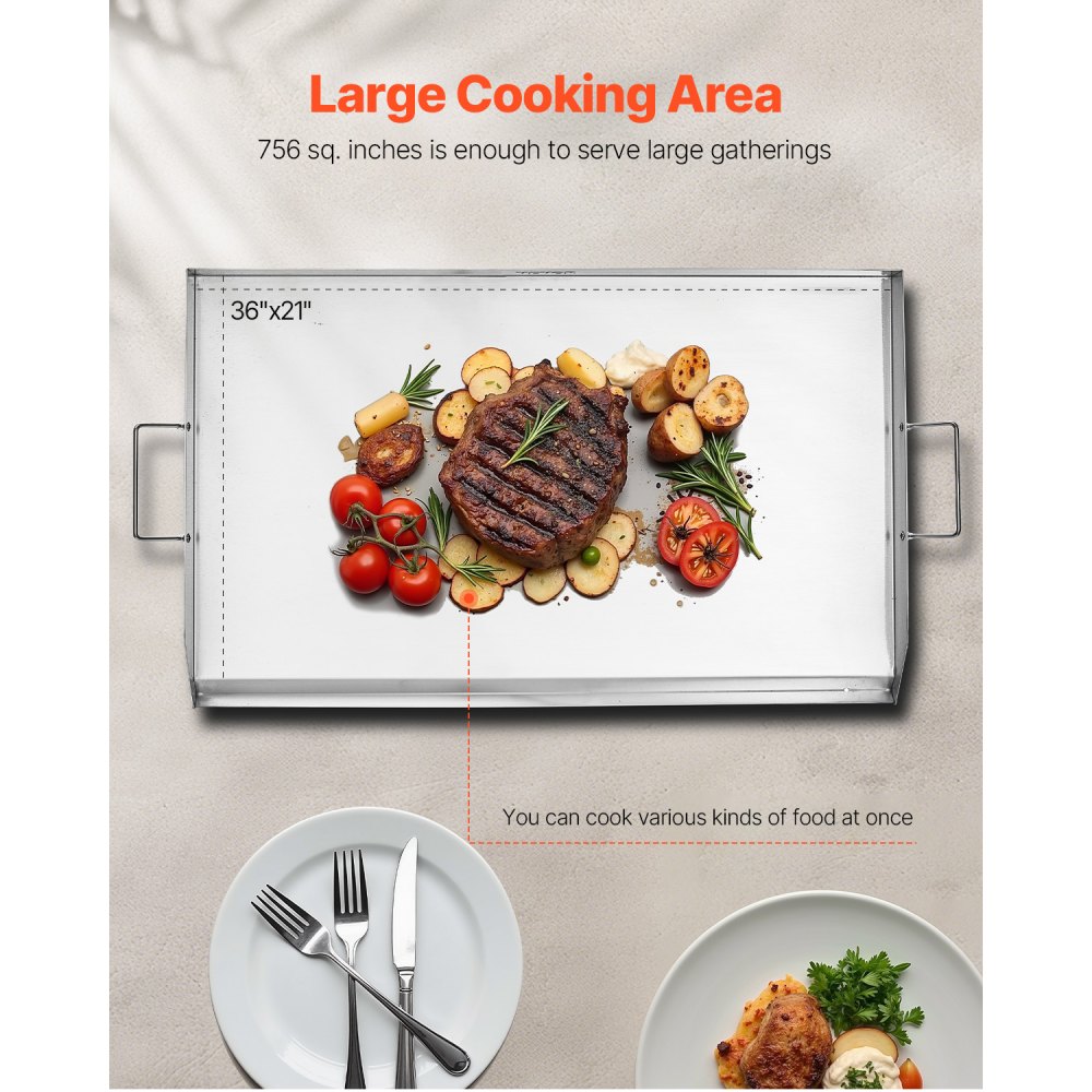 VEVOR Grillplaat Grillpan RVS Universele Rechthoekige Plaat (910 x 525 mm) met Platte Bovenkant, Gasgrillplaat voor BBQ Grill Teppanyaki, Draagbare Familie Kookgerei met Handvat
