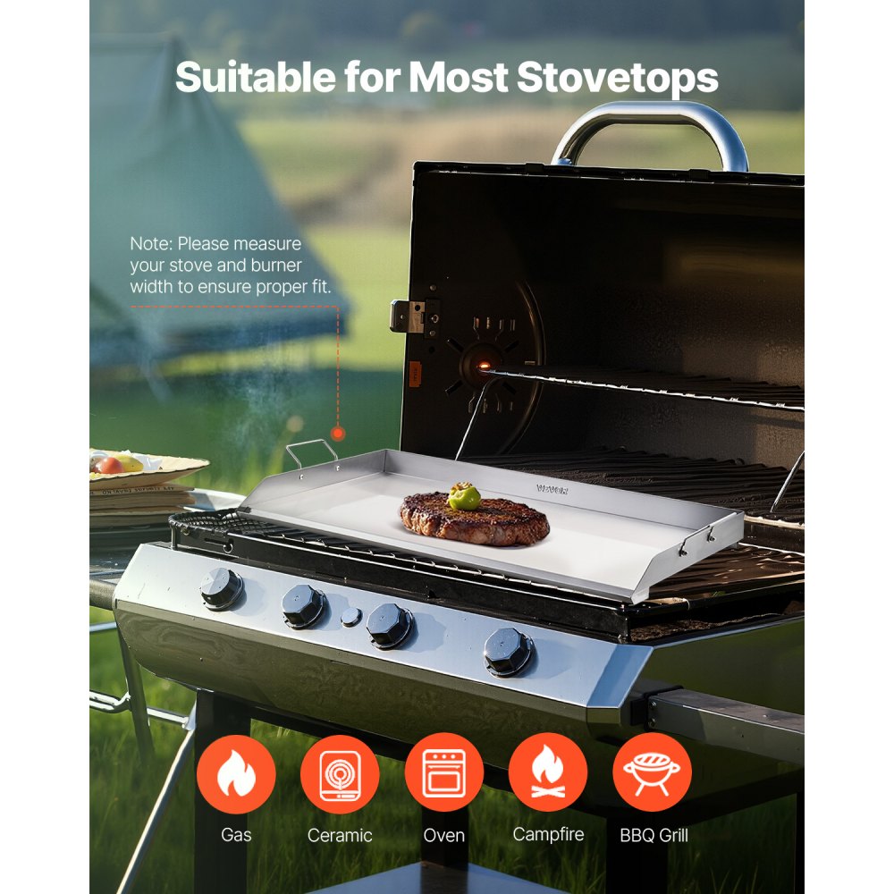 VEVOR Grillplaat Grillpan RVS Universele Rechthoekige Plaat (910 x 525 mm) met Platte Bovenkant, Gasgrillplaat voor BBQ Grill Teppanyaki, Draagbare Familie Kookgerei met Handvat