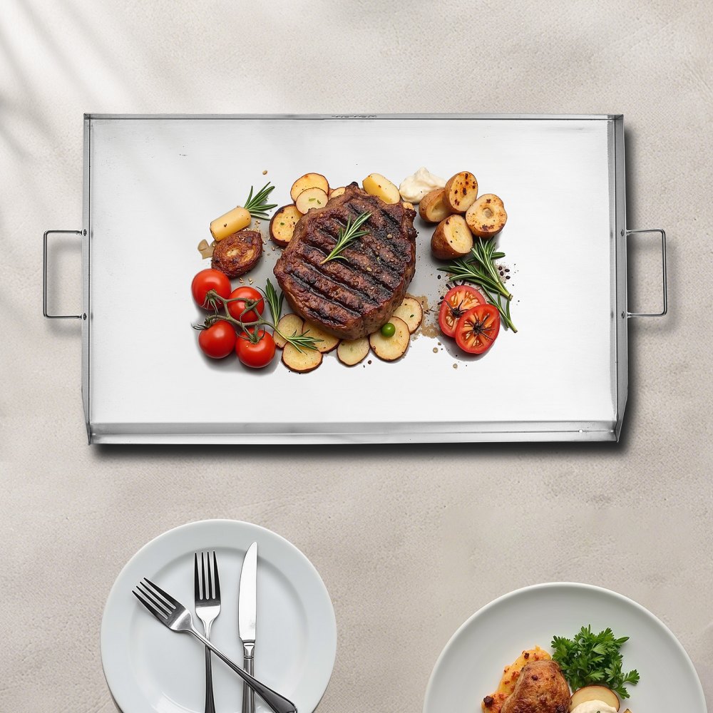 VEVOR Grillplaat Grillpan RVS Universele Rechthoekige Plaat (910 x 525 mm) met Platte Bovenkant, Gasgrillplaat voor BBQ Grill Teppanyaki, Draagbare Familie Kookgerei met Handvat