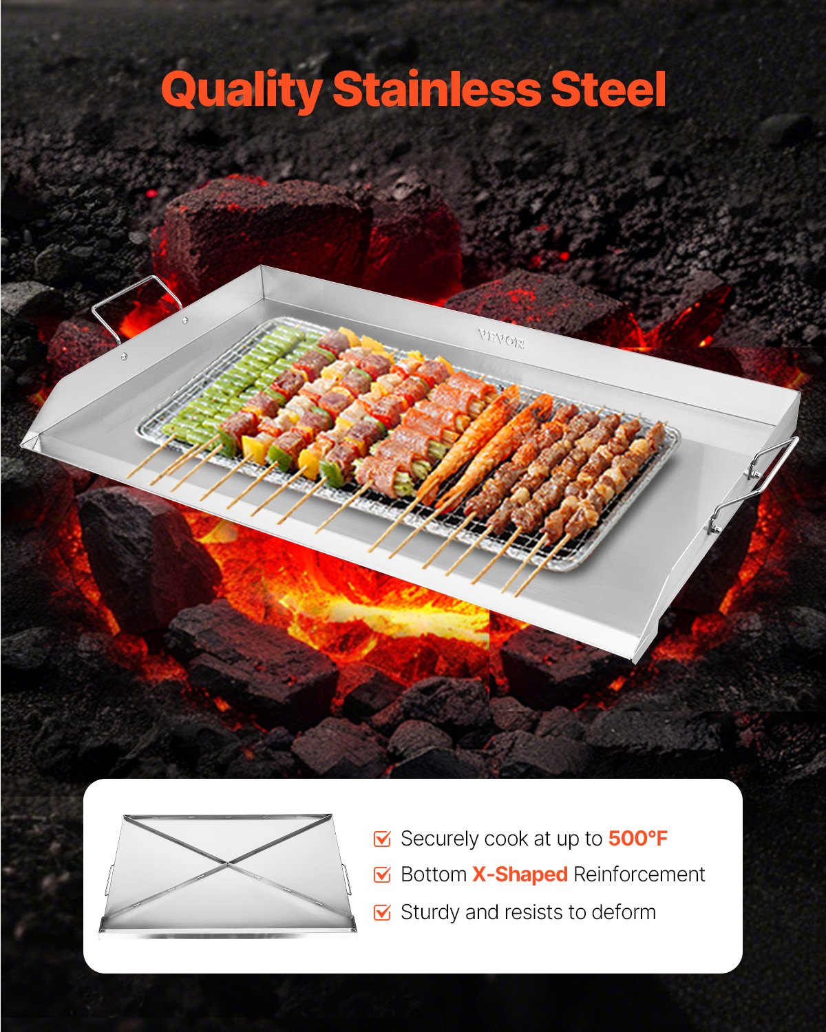 VEVOR Grillplaat Grillpan RVS Universele Rechthoekige Plaat (910 x 525 mm) met Platte Bovenkant, Gasgrillplaat voor BBQ Grill Teppanyaki, Draagbare Familie Kookgerei met Handvat