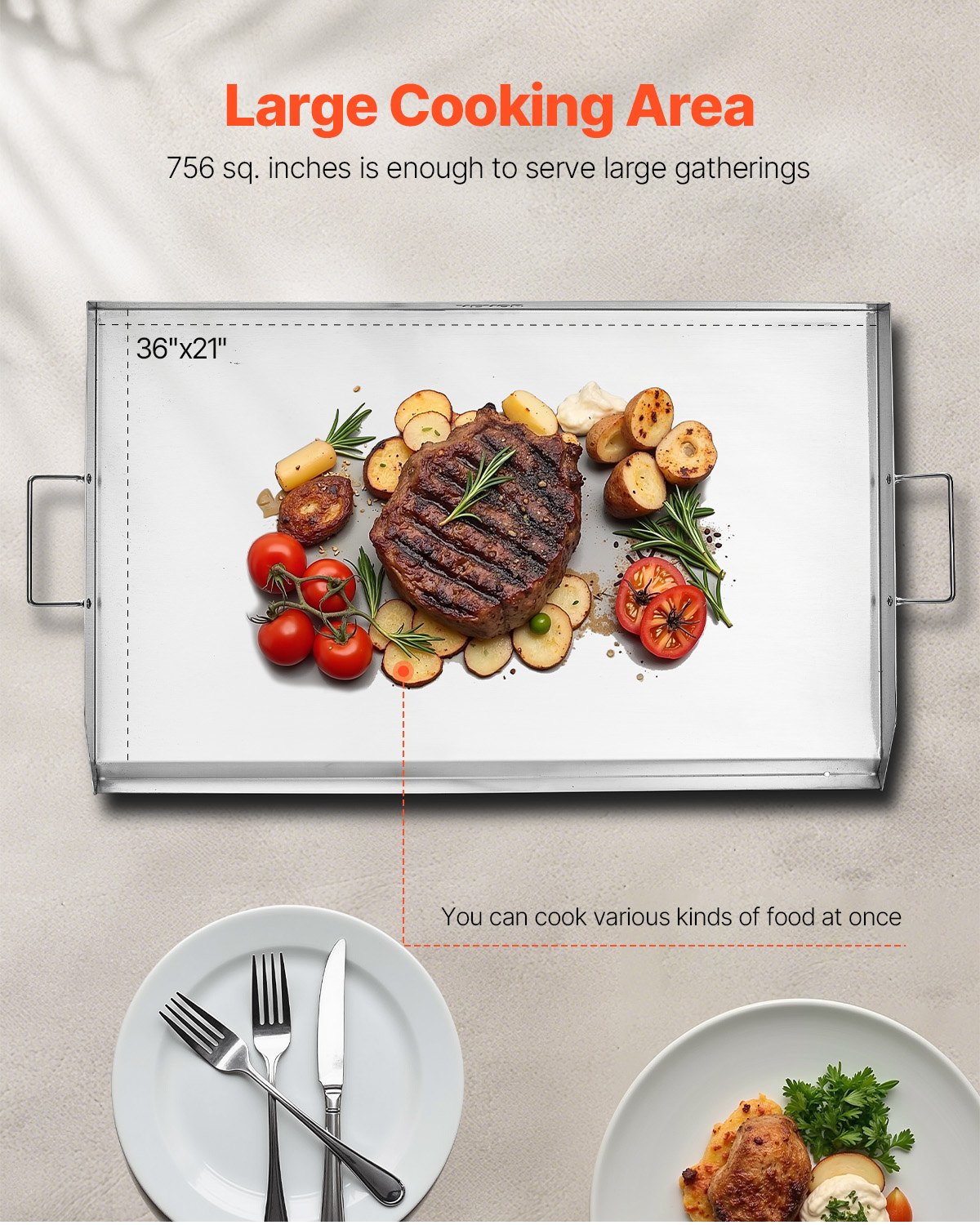 VEVOR Grillplaat Grillpan RVS Universele Rechthoekige Plaat (910 x 525 mm) met Platte Bovenkant, Gasgrillplaat voor BBQ Grill Teppanyaki, Draagbare Familie Kookgerei met Handvat