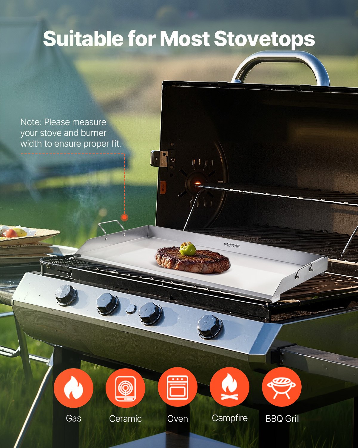 VEVOR Grillplaat Grillpan RVS Universele Rechthoekige Plaat (910 x 525 mm) met Platte Bovenkant, Gasgrillplaat voor BBQ Grill Teppanyaki, Draagbare Familie Kookgerei met Handvat
