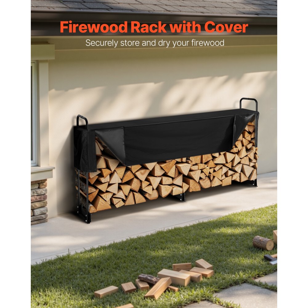 VEVOR Haardhoutrek Metaal 259 x 36 x 117 cm Haardhoutrek Stalen frame Gepoedercoate haardhoutschuilplaats 300 kg met waterdichte hoes Stapelhulp Houtschuilplaats voor veranda Tuin Patio Tuin