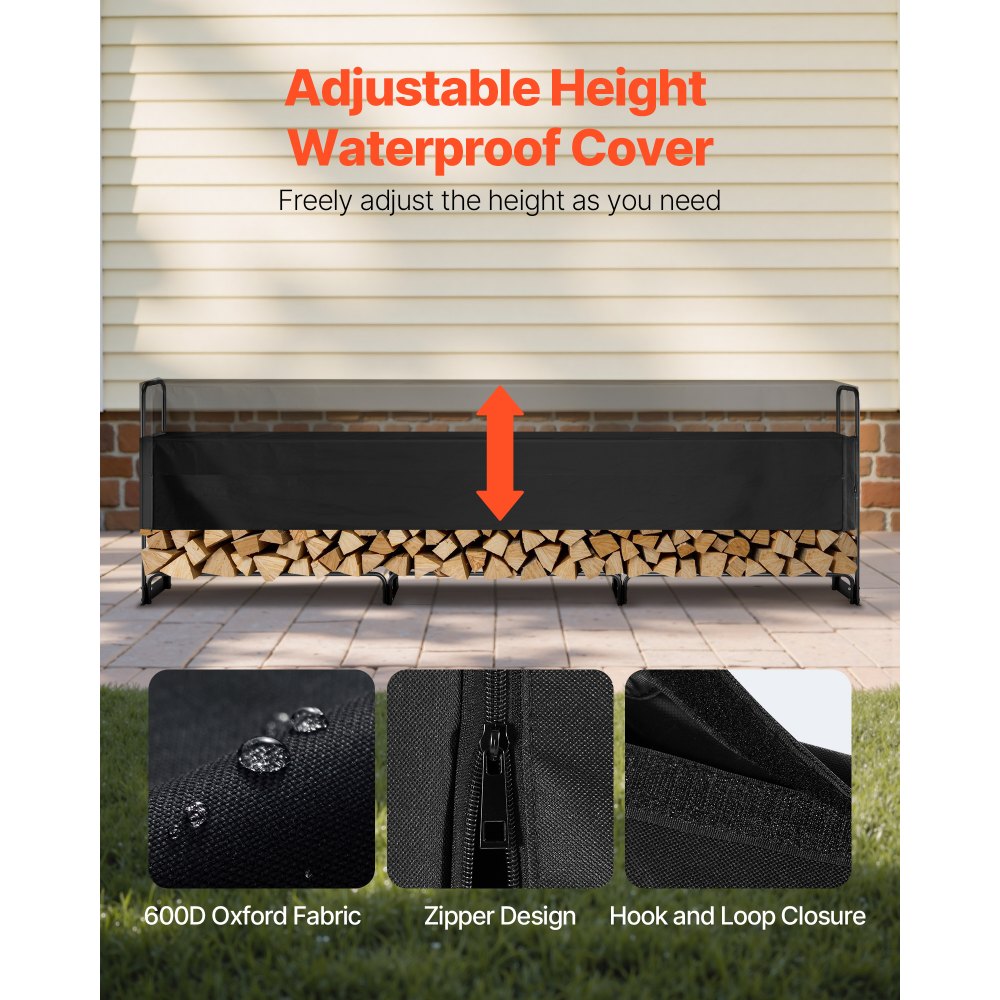 VEVOR Haardhoutrek Metaal 386x36x117cm Haardhoutrek Stalen frame Poedergecoate Haardhoutschuilplaats 400kg met waterdichte hoes Stapelhulp Houtschuilplaats voor Veranda Tuin Patio Tuin