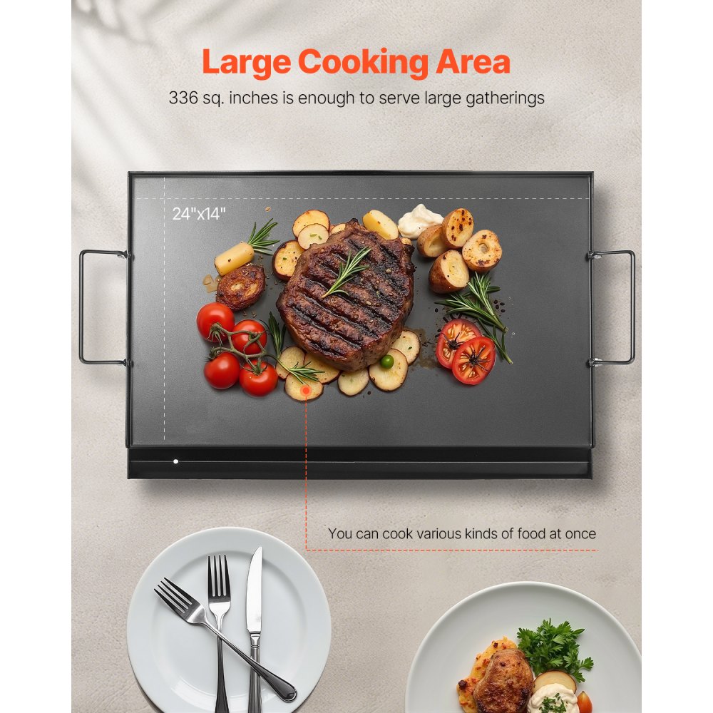 VEVOR Bakplaat, Universele Rechthoekige Plaat van Koolstofstaal (606 x 360 mm) met Platte Bovenkant, Gasgrill Bakplaat voor BBQ Grill, Teppanyaki, Draagbaar Kookgerei voor het Gezin met Handvat